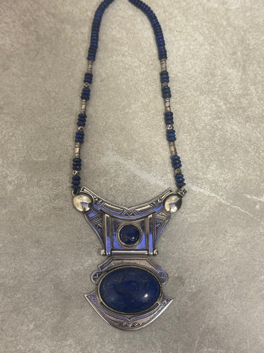 925 Sterling Silver Blue Stone Beaded Vintage Necklace With Blue Colored Center Stone