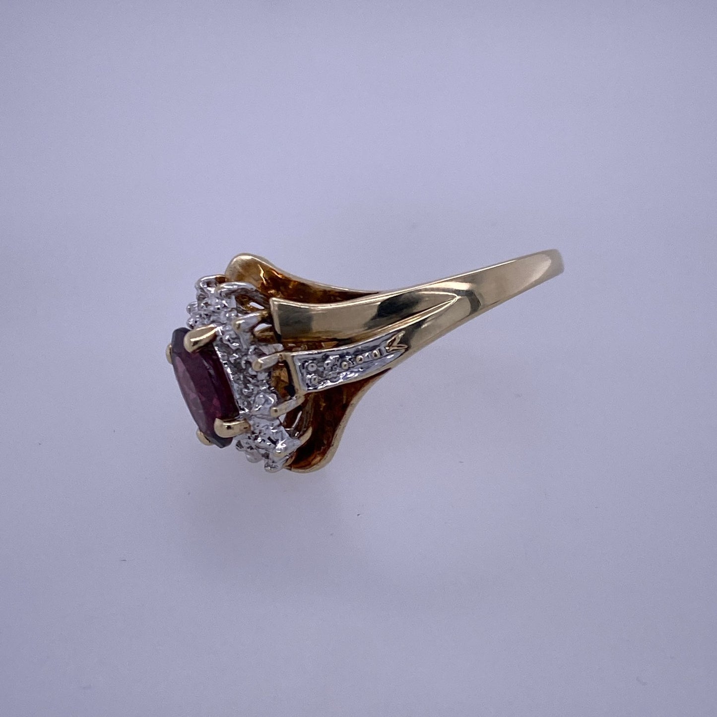 10k Yellow Gold Diamond Ring W/ Red Colored Center Stone