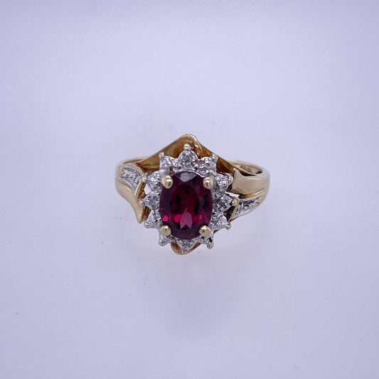 10k Yellow Gold Diamond Ring W/ Red Colored Center Stone