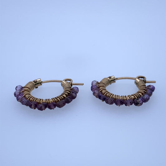 8k Yelllow Gold Small Hoop Earrings W/ Purple Stones