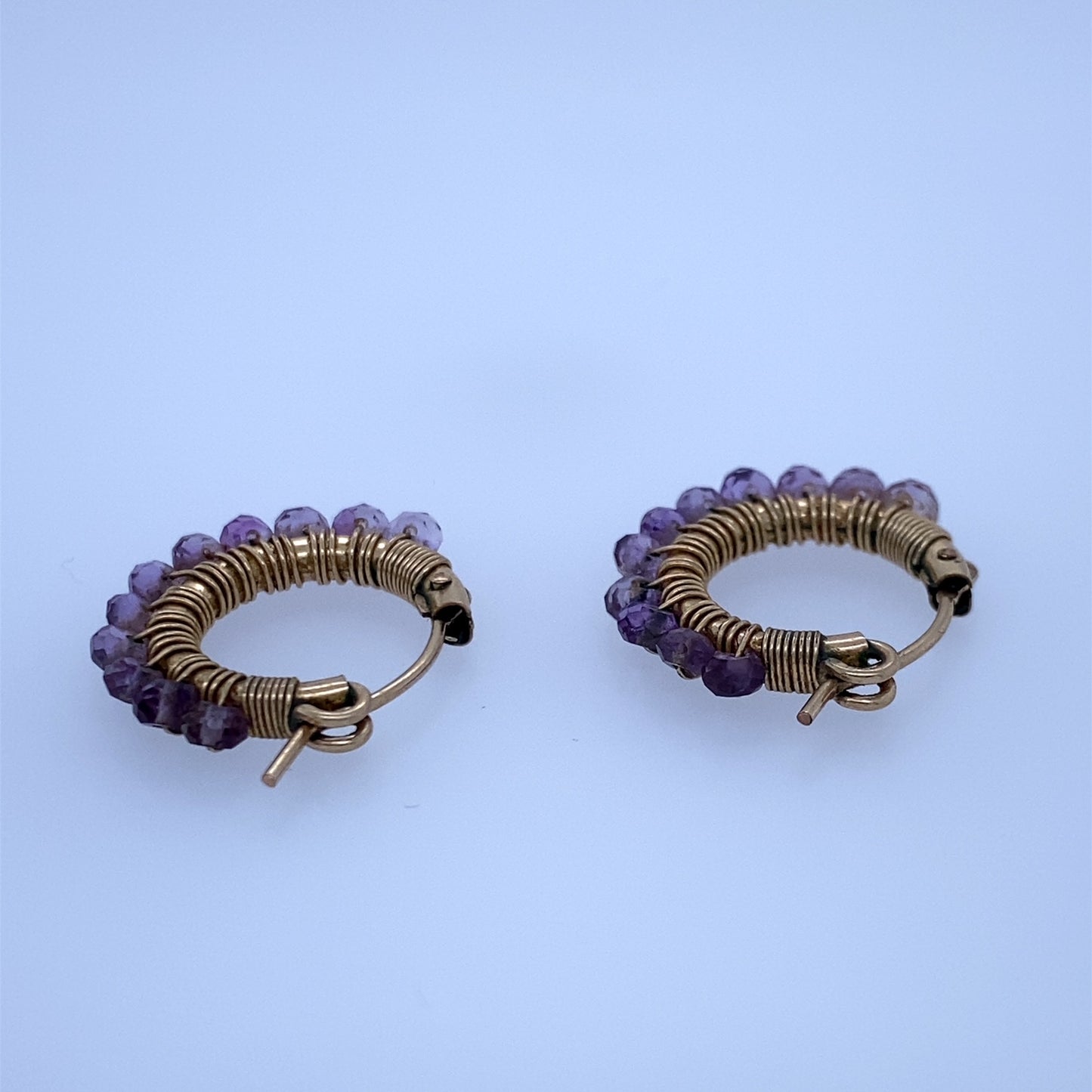 8k Yelllow Gold Small Hoop Earrings W/ Purple Stones