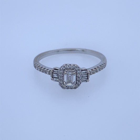 14k White Gold Ring With Round & Baguette Cut Diamonds