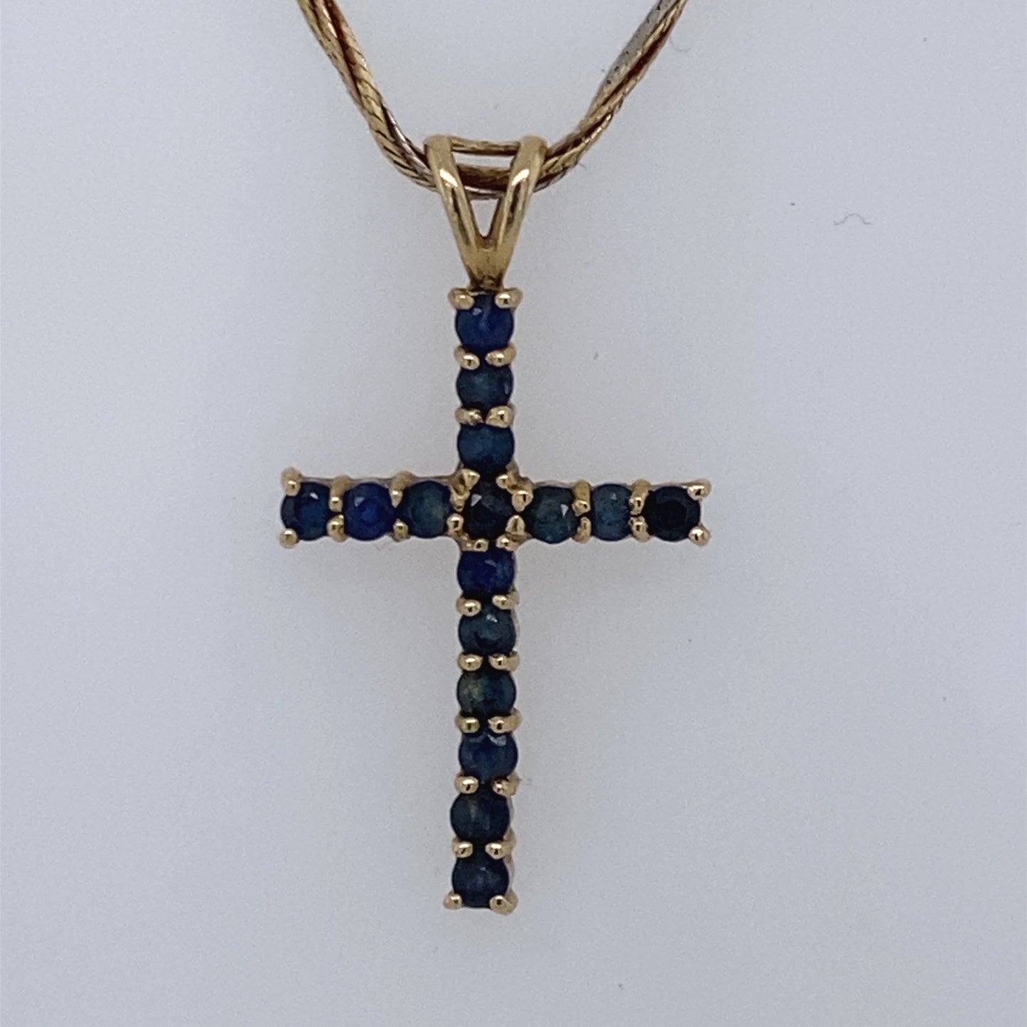 14k Yellow Gold Tri-Tone Flat Link Necklace W/ Blue Stone Cross Charm