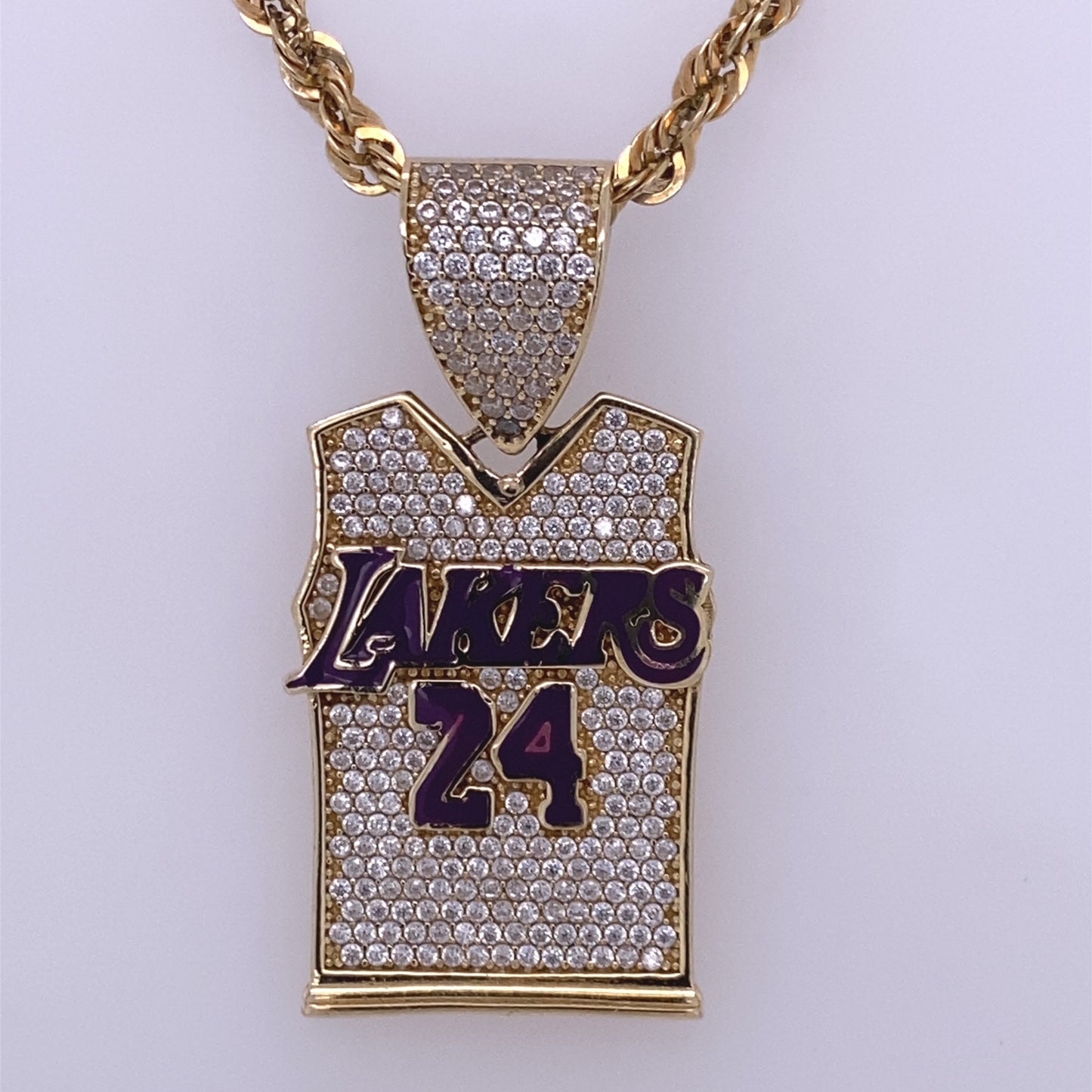 14k Yellow Gold Rope Necklace W/ Lakers #24 Jersey Pendant