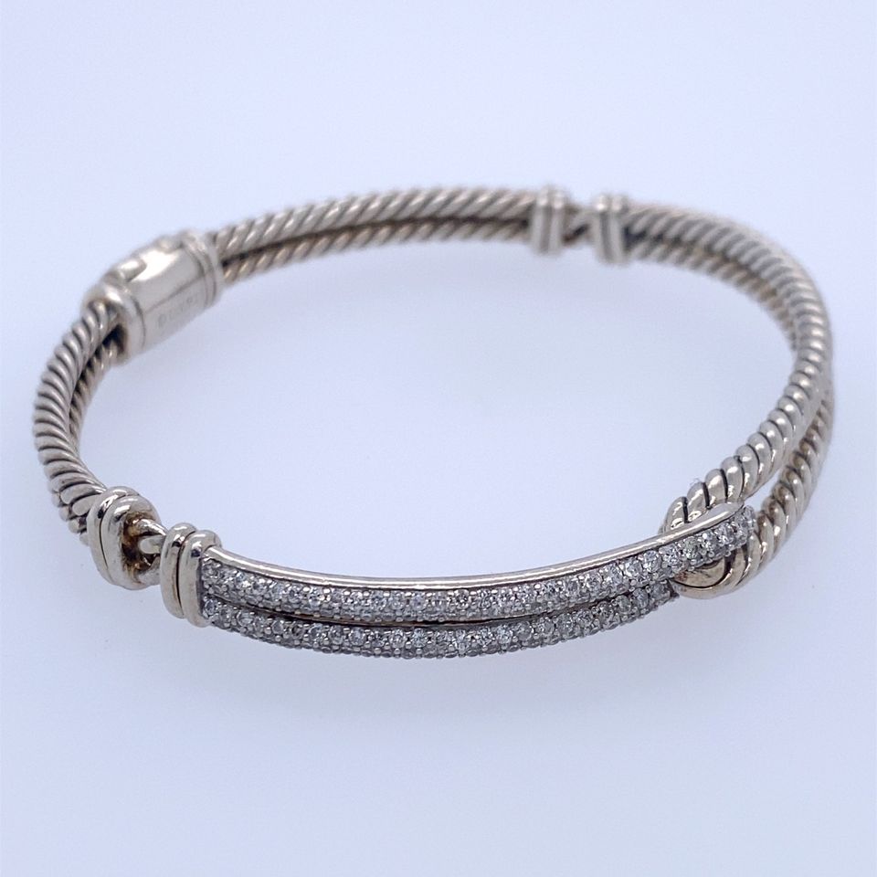 David Yurman Silver Diamond Labyrinth Single Loop Hinged Bracelet