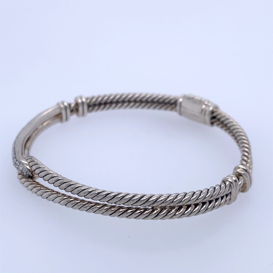 David Yurman Silver Diamond Labyrinth Single Loop Hinged Bracelet