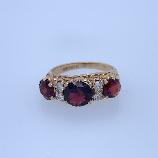 8k Yellow Gold Ring With Red Colored & Diamond Stones