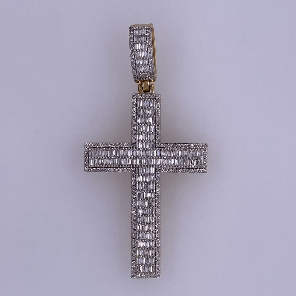 10k Yellow Gold Baguette Diamond Cross Pendant