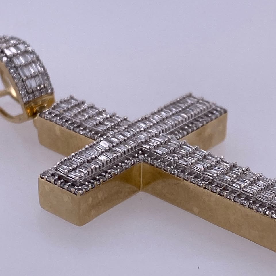 10k Yellow Gold Baguette Diamond Cross Pendant