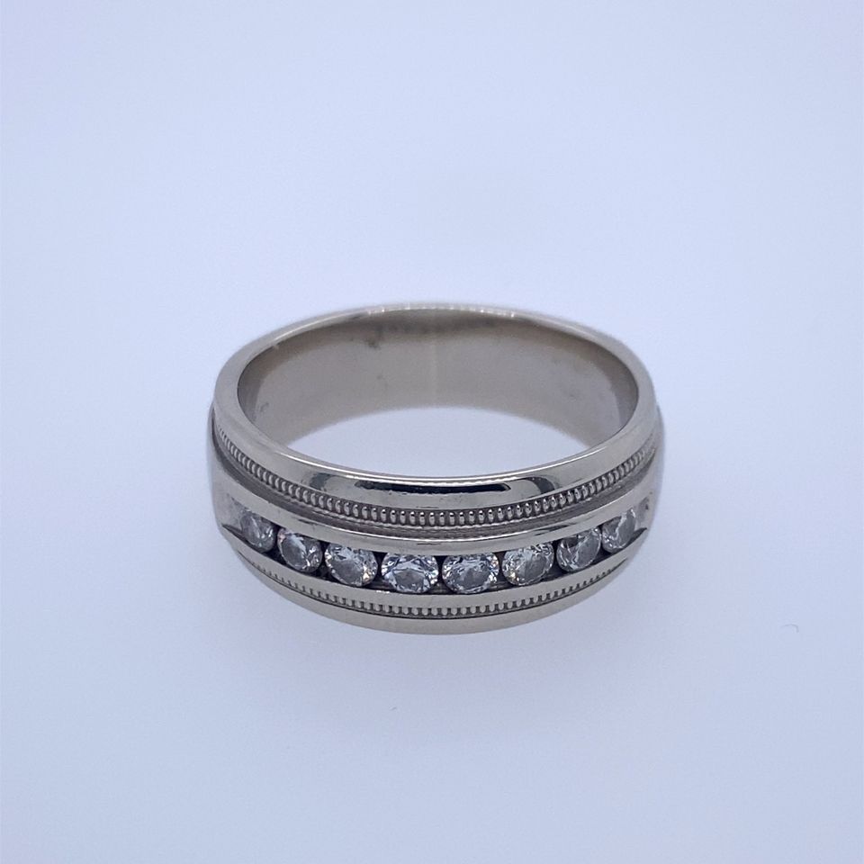 14k White Gold Mens Band Ring With Diamonds