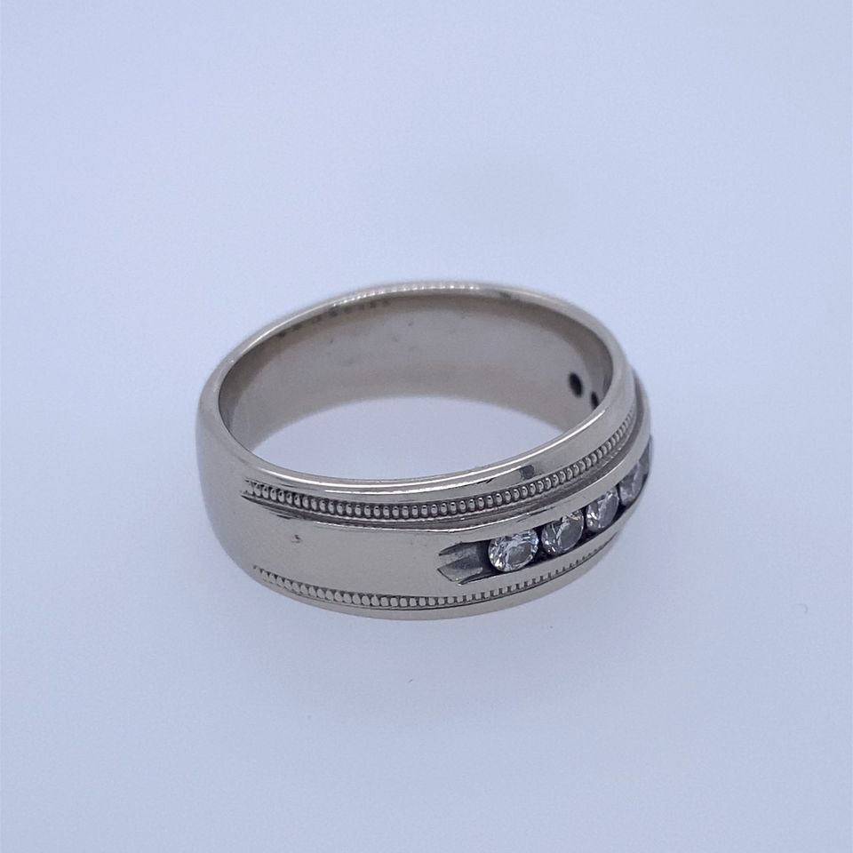 14k White Gold Mens Band Ring With Diamonds