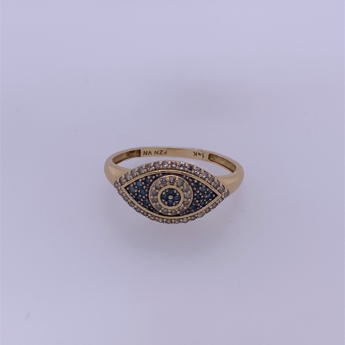 14k Yellow Gold Eye Design Ring W/ Diamonds & Blue Colored Stones