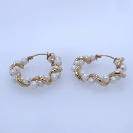 14k Yellow Gold Hoop Earrings W/ Pearl Stones