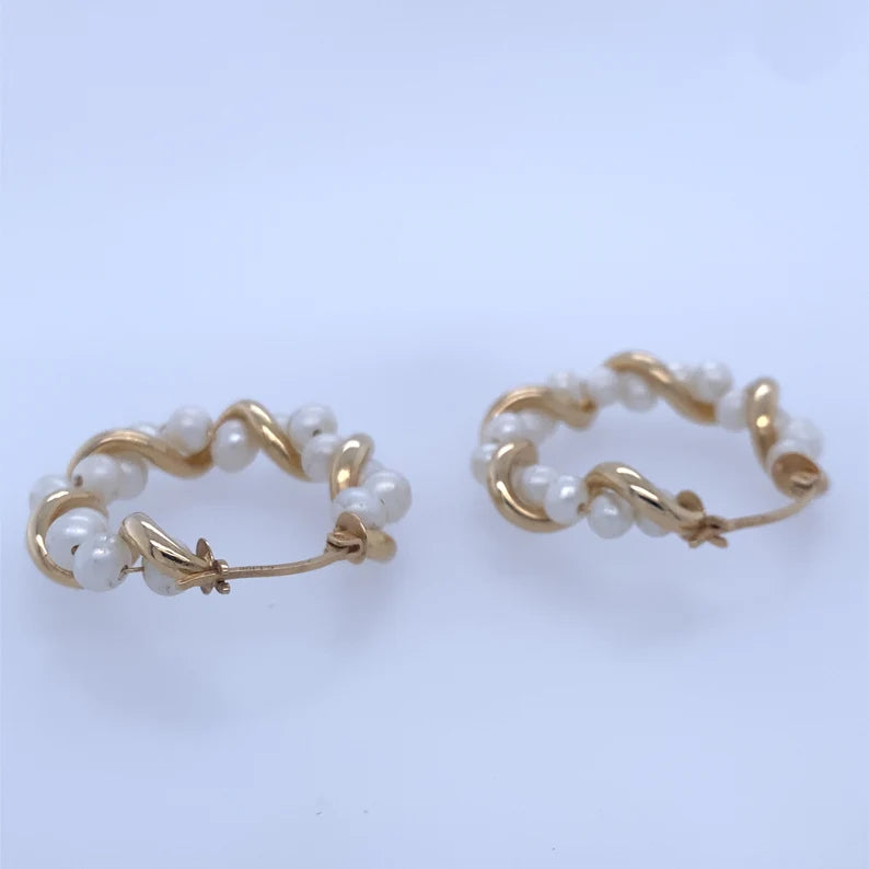 14k Yellow Gold Hoop Earrings W/ Pearl Stones