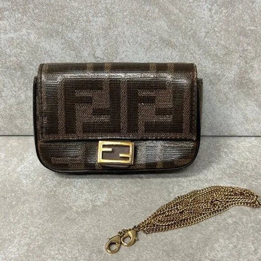 Fendi Chain Baguette Coated Canvas Nano Charm Bag