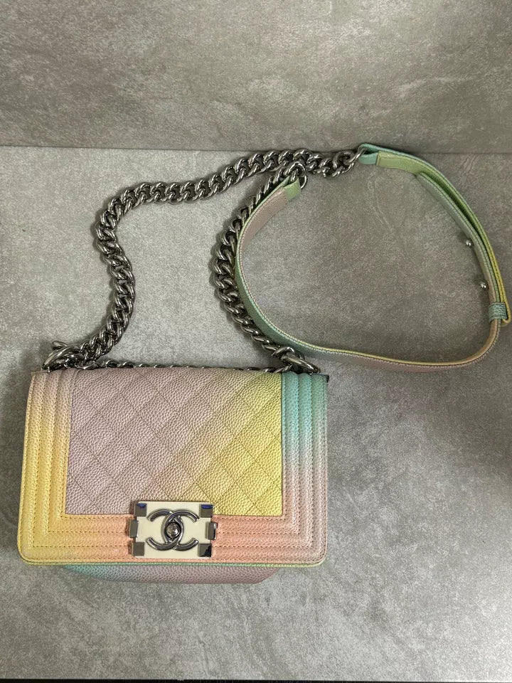 Chanel Ivory Rainbow Printed Caviar Small Bag